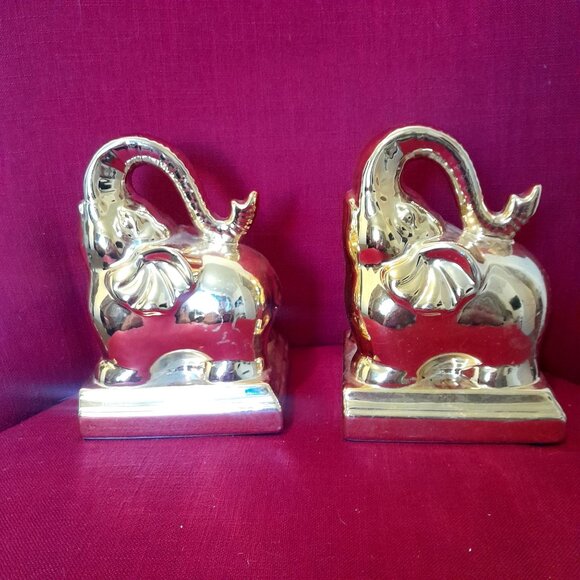 Gold Elephant Bookends Pair Ceramic 7" Tall - Picture 5 of 9